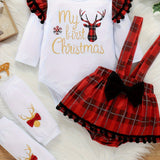 My First Christmas Baby Girl Outfits, Newborn Cartoon Deer & Letter Print Long Sleeve Ruffle Romper + Plaid Suspender Skirt + Leg Warmer 3pcs For 0-18 Months Babies, Outdoor Cloth