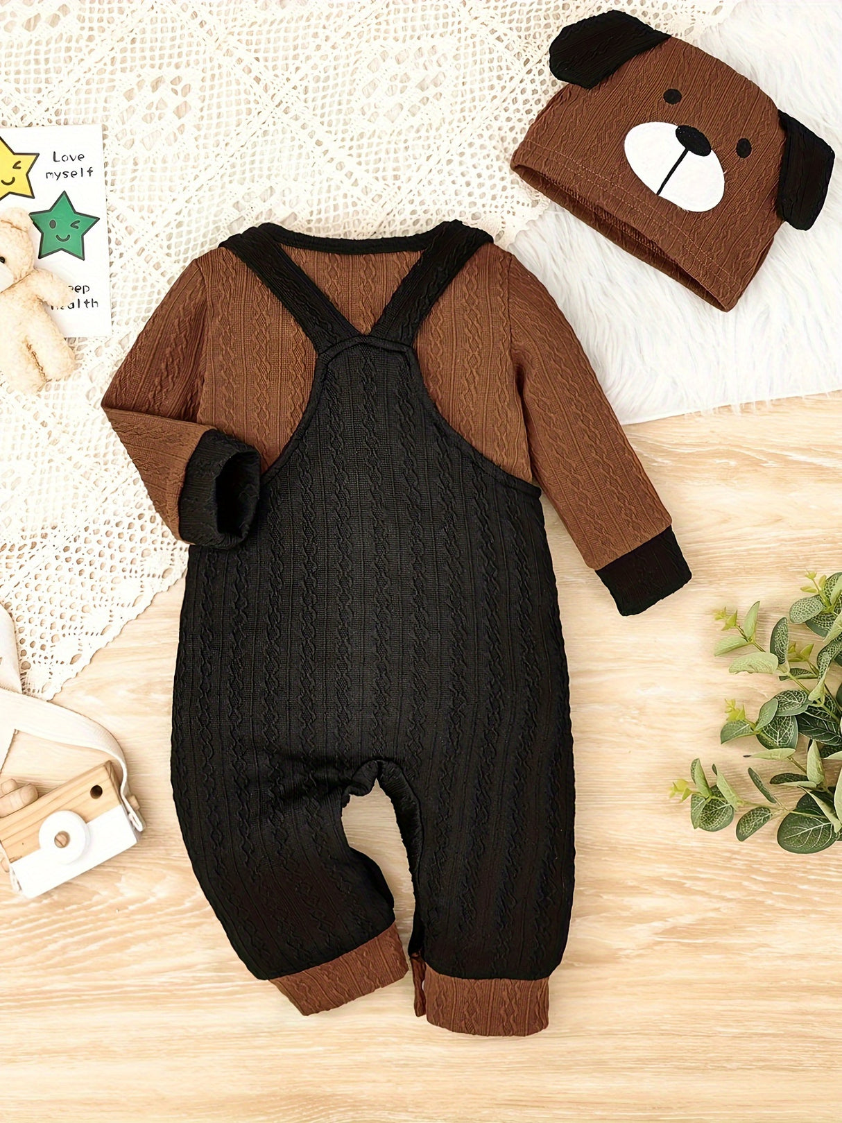 CETEPY Toddler Baby Boys Clothes Autumn Winter Outfits Long-sleeved Top Jumpsuit Suspender Trousers with Knitted Hat Sets 0 Months-18 Months, for Outdoor