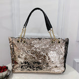 Large Capacity Sequin Glitter Tote Bag - Sparkly Bling Metal Chain Shoulder Bag with Fixed Straps, Polyester Lining, and Zipper Closure - Perfect Casual Commuter Bag for Carnaval and Everyday Use, Great Gift Idea