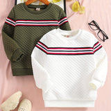 2pcs Boys Casual Striped Creative Textured Pullover Sweatshirt, Long Sleeve Crew Neck Tops, Kids Clothes Outdoor