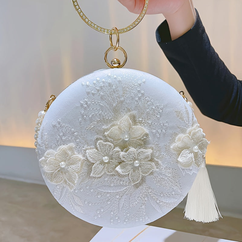 Vibrant Floral Embroidery Round Clutch Bag - Stunning Wedding Party Purse for Women, Elegant Hanfu Accessories with Delicate Flower Pattern, Perfect for Banquet and Formal Occasions