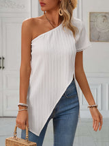 Chic One-Shoulder Asymmetrical Blouse - Y2K Style for Spring & Summer - Lightweight, Fashion-Forward Short Sleeve Top for Women