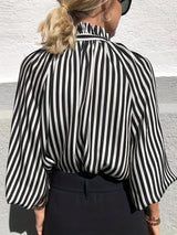 Chic Striped V-Neck Blouse with lettuce trim - Fashionable Long Sleeve Top for Women - Elegant Casual Wear