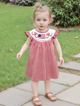 Toddler Girls Patriotic 4th of July Dress with American Flag Embroidery, Ruffled Sleeves & Bow Detail - Red Gingham A-Line Cotton Blend Beach Party Outfit for Independence Day Celebrations, Little Girls Outfit Sets