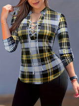 Casual Long Sleeve V Neck Plaid Print Drawstring Blouse - Women's Clothing