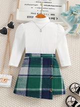 Girl's Elegant 2pcs, Ribbed Long Sleeve Top & Skirt Set, Button Decor Plaid Print Casual Outfits, Kids Clothes For Spring Autumn