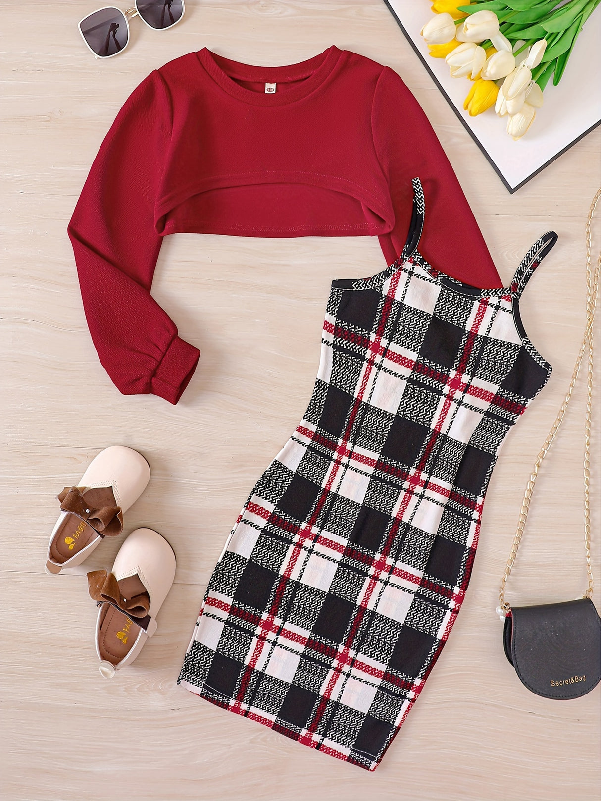 Trendy Girl's 2pcs, Plaid Pattern Sundress & Crop Sweatshirt Set, Casual Outfits, Kids Clothes For Spring Autumn