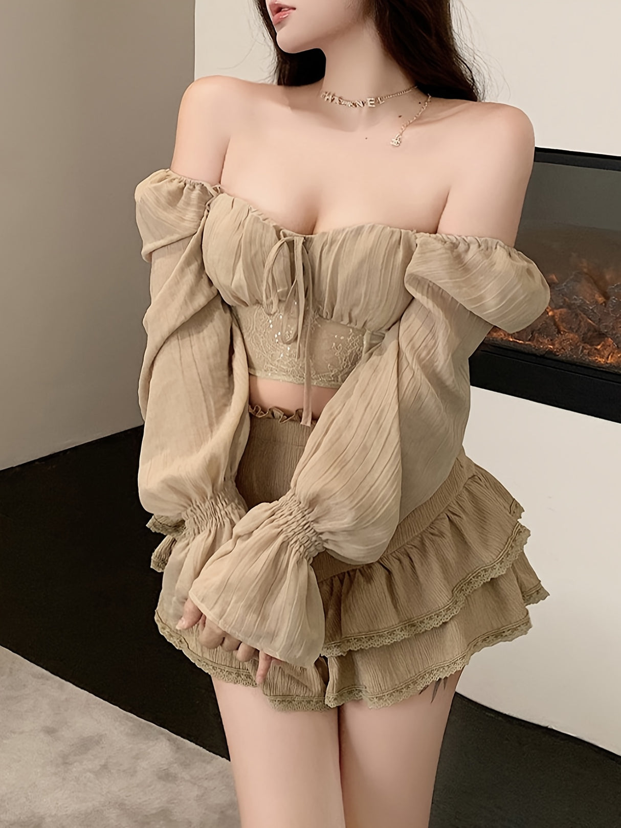 Women's Long Sleeve Crop Tops, Solid Color Patchwork Tie Up See-Through Blouse, Casual Sweet Style Tops