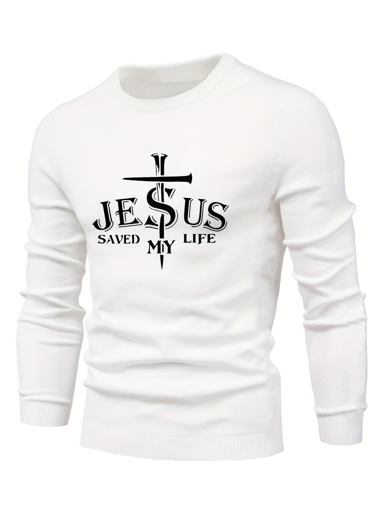 Jesus Saved My Life Print All Match Knitted Sweater, Men's Casual Warm Mid Stretch Crew Neck Pullover Sweater For Men Fall Winter