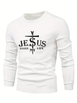 Jesus Saved My Life Print All Match Knitted Sweater, Men's Casual Warm Mid Stretch Crew Neck Pullover Sweater For Men Fall Winter