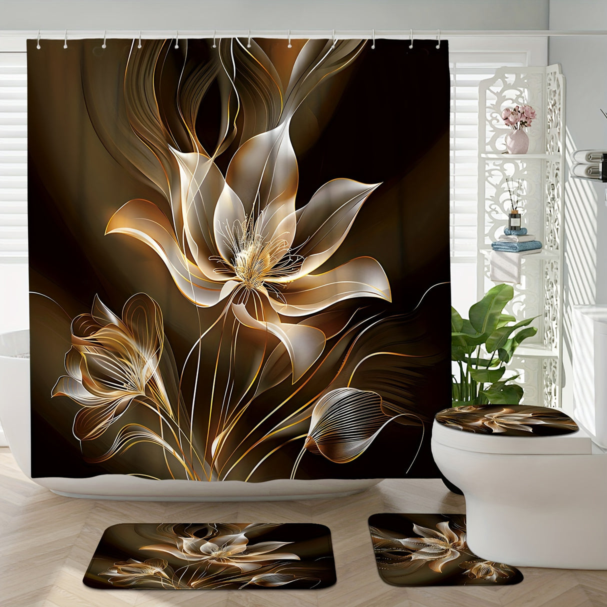 1/4pcs Deluxe Floral Shower Curtain Set - Waterproof, Non-Slip, U-Shaped Toilet Mat, 12 Hooks, Bath Mat, Bathroom Decor Accessories - Complete Bathroom Essentials Kit
