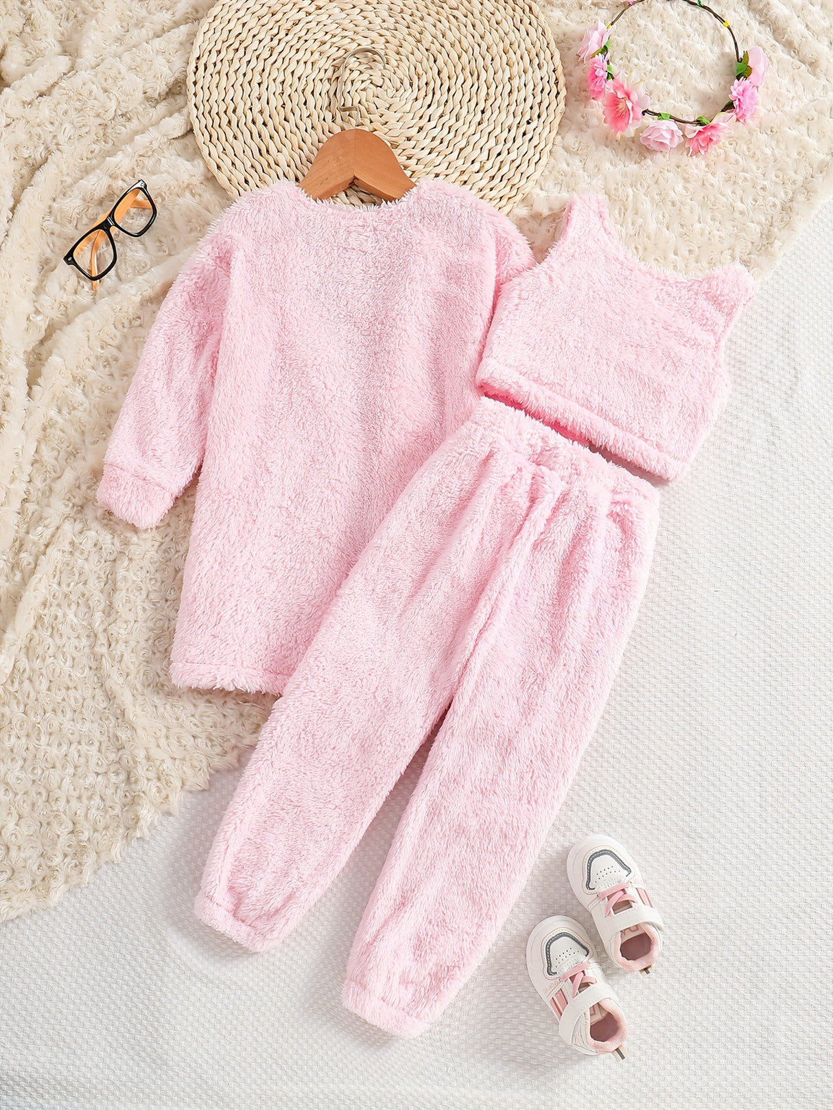 Double-sided Fleece 3pc Sets Toddler Girls Open Fron Jacket & Cami Tank Top & Jogger Pants Kids Clothes For Fall Winter Party
