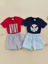 Toddler Boys' Baseball Embroidered Cotton Shorts Set - Comfy Short Sleeve Round Neck Top with Elastic Waistband Plaid Shorts, Machine Washable, All-Season Wear, Comfortable Playwear|Playful Kids' Clothes|Easycare Clothing, Pe
