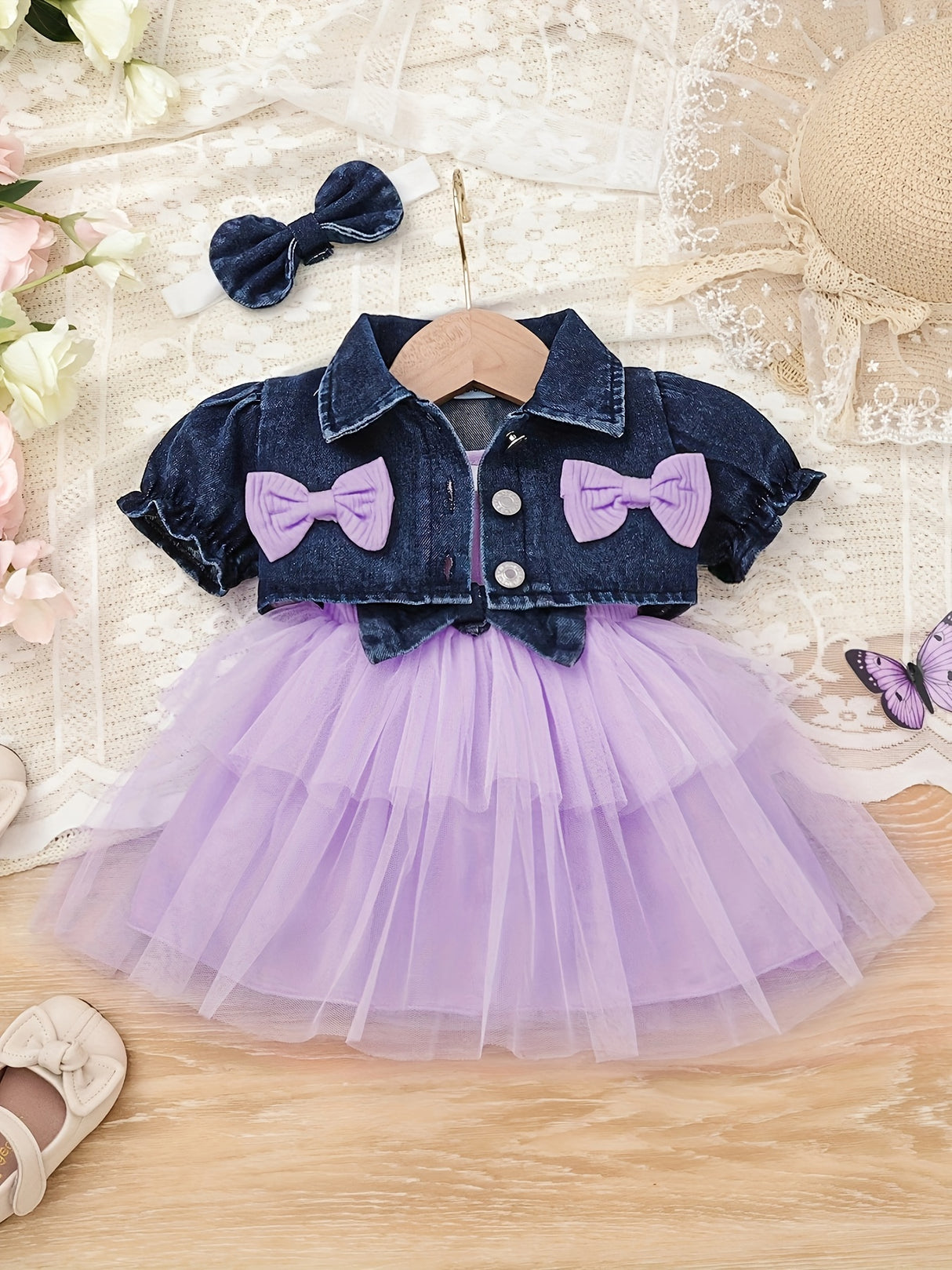 Baby Girl Outfit Denim Head Knot+Denim Short -Sleeved Jacket+Sling Mesh Skirt with 3 - 24 Months, Perfect for Outdoor