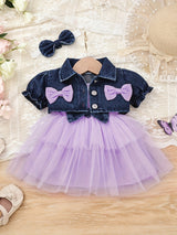 Baby Girl Outfit Denim Head Knot+Denim Short -Sleeved Jacket+Sling Mesh Skirt with 3 - 24 Months, Perfect for Outdoor
