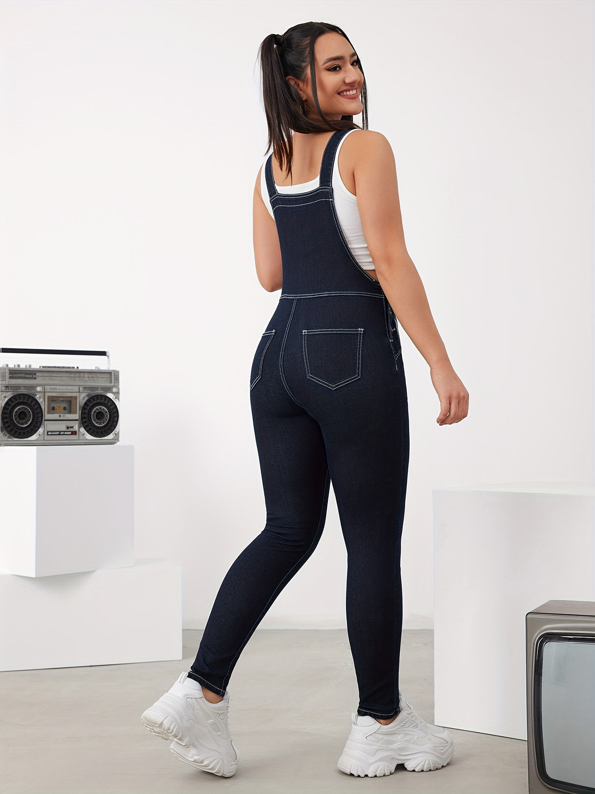 Side Button High Elastic Denim Overalls, Adjustable Strap Elegant Fitting Denim Jumpsuits, Women's Denim Jeans & Clothing