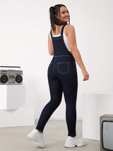 Side Button High Elastic Denim Overalls, Adjustable Strap Elegant Fitting Denim Jumpsuits, Women's Denim Jeans & Clothing