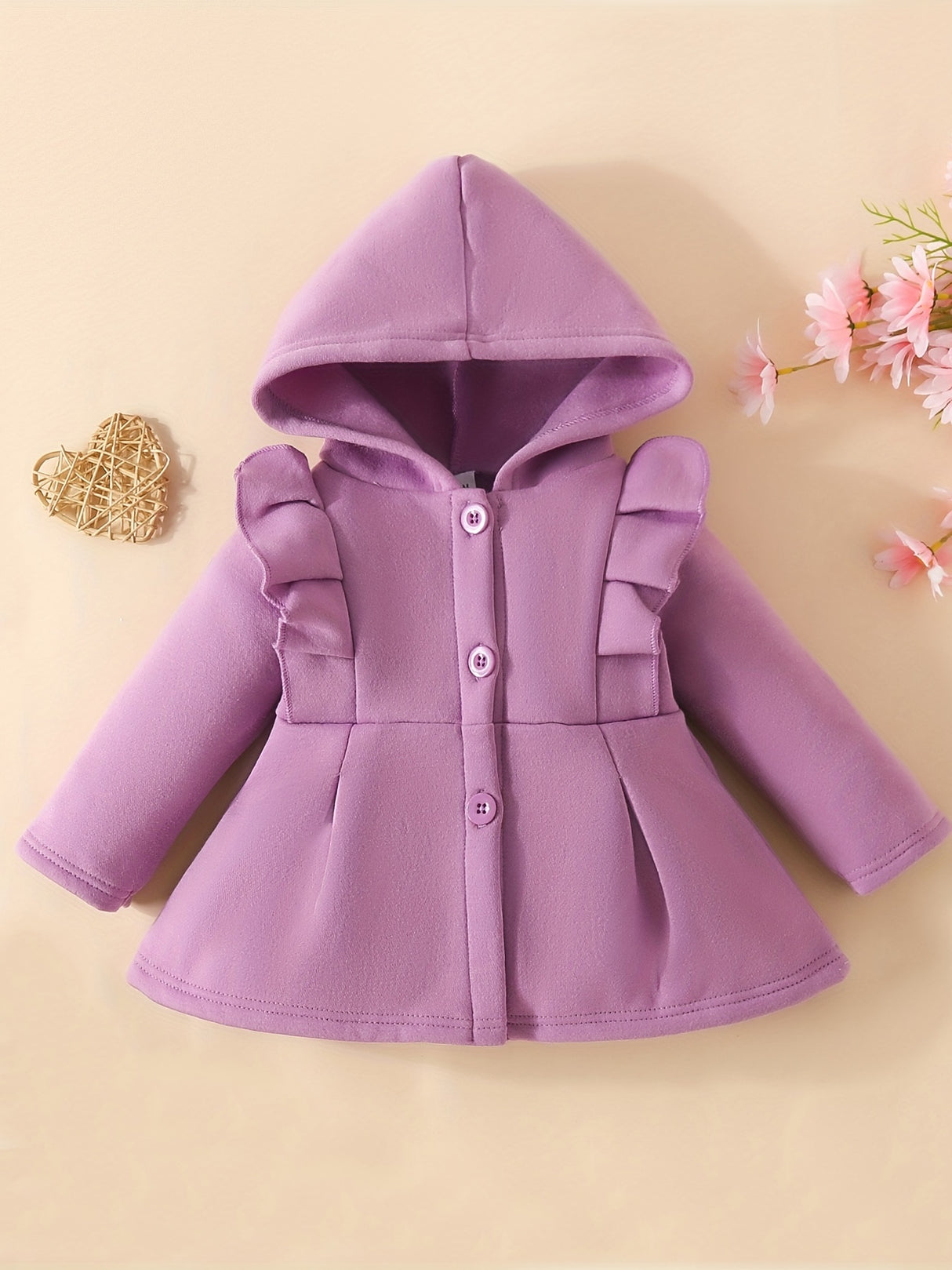 Baby Girl Ruffled Long Sleeve Fleece Hooded Single Breasted Coat, Kids Clothes Autumn And Winter (Recommended To Buy One Size Larger)