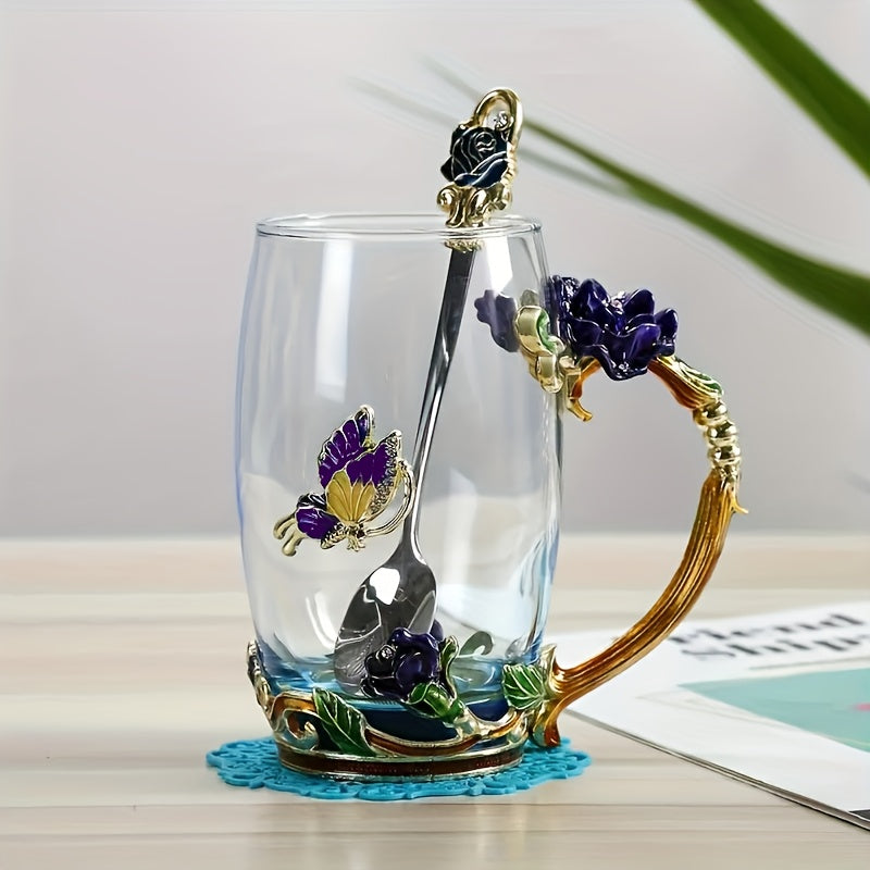 Set, Elegant Flower Pattern Tea Cup With Coaster And Spoon, 350ml/11.8oz Clear Glass Coffee Mug Set - Coffee Cups, Water Cups - For Summer & Winter - Suitable for Home & Office - Perfect Gift for Birthday