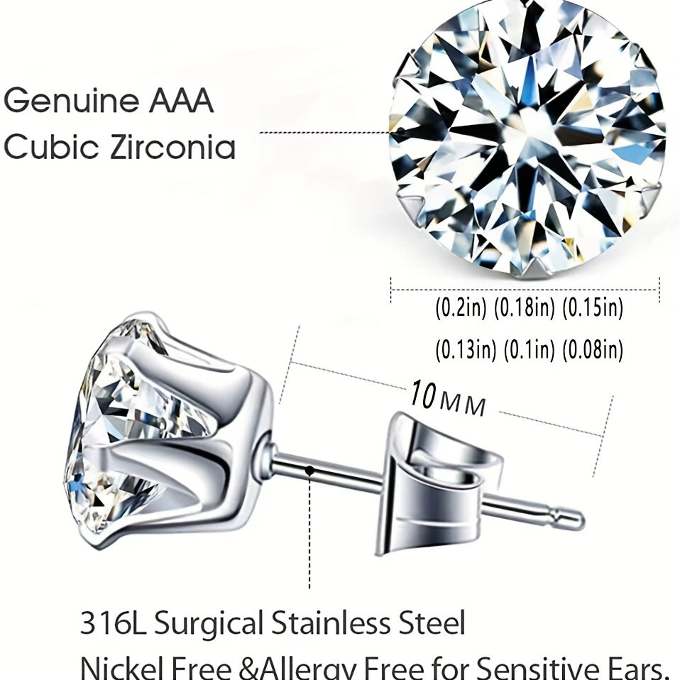 Sparkling Stainless Steel 6-Prong zirconia Stud Earrings Hypoallergenic Daily Decor Earrings 18K Gold Plated Ear Bone Buckle Jewelry
