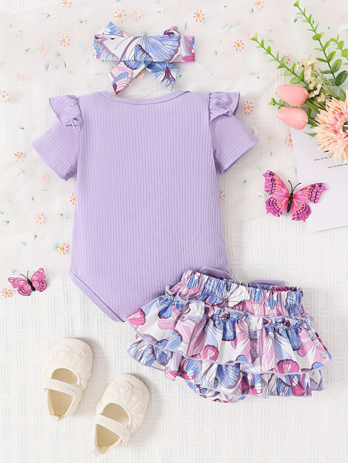 Newborn baby girl summer butterfly printed pleated short-sleeved pit top bloomers skirt suit+headscarf three-piece suit