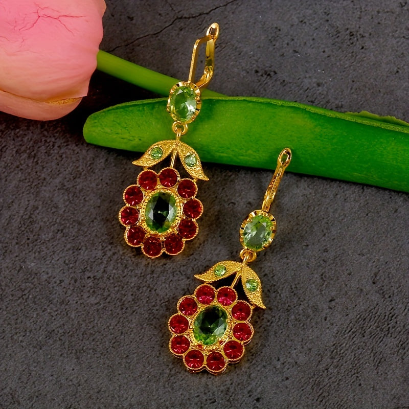 Vintage-Inspired 925 Silver Plated, 14K Gold Plated Dangle Earrings with Mosaic Synthetic Gems, Boho Chic Flower Rose Red Leaf Design, Zinc Alloy Construction, Ideal Gift for Women