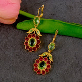 Vintage-Inspired 925 Silver Plated, 14K Gold Plated Dangle Earrings with Mosaic Synthetic Gems, Boho Chic Flower Rose Red Leaf Design, Zinc Alloy Construction, Ideal Gift for Women