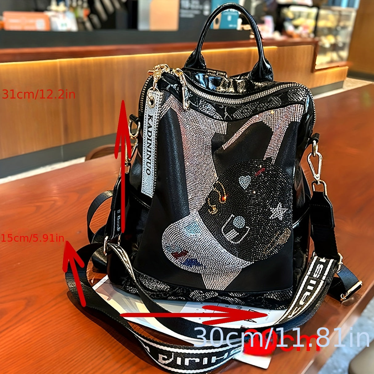 Rhinestone Glitter Large Capacity PU Leather Backpack for Women, Fashion Travel School Bag with Textured Design