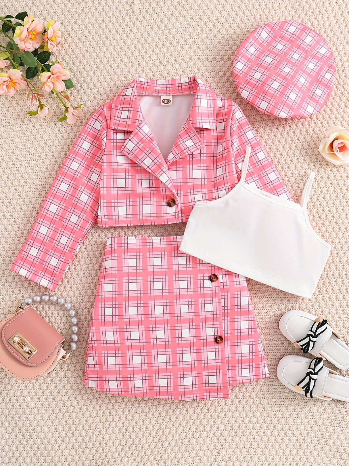 Girl's Trendy 4pcs, Long Sleeve Blazer & Beret Hat & Camisole & Skirt Set, Plaid Print Casual Outfits, Kids Clothes For Spring Summer