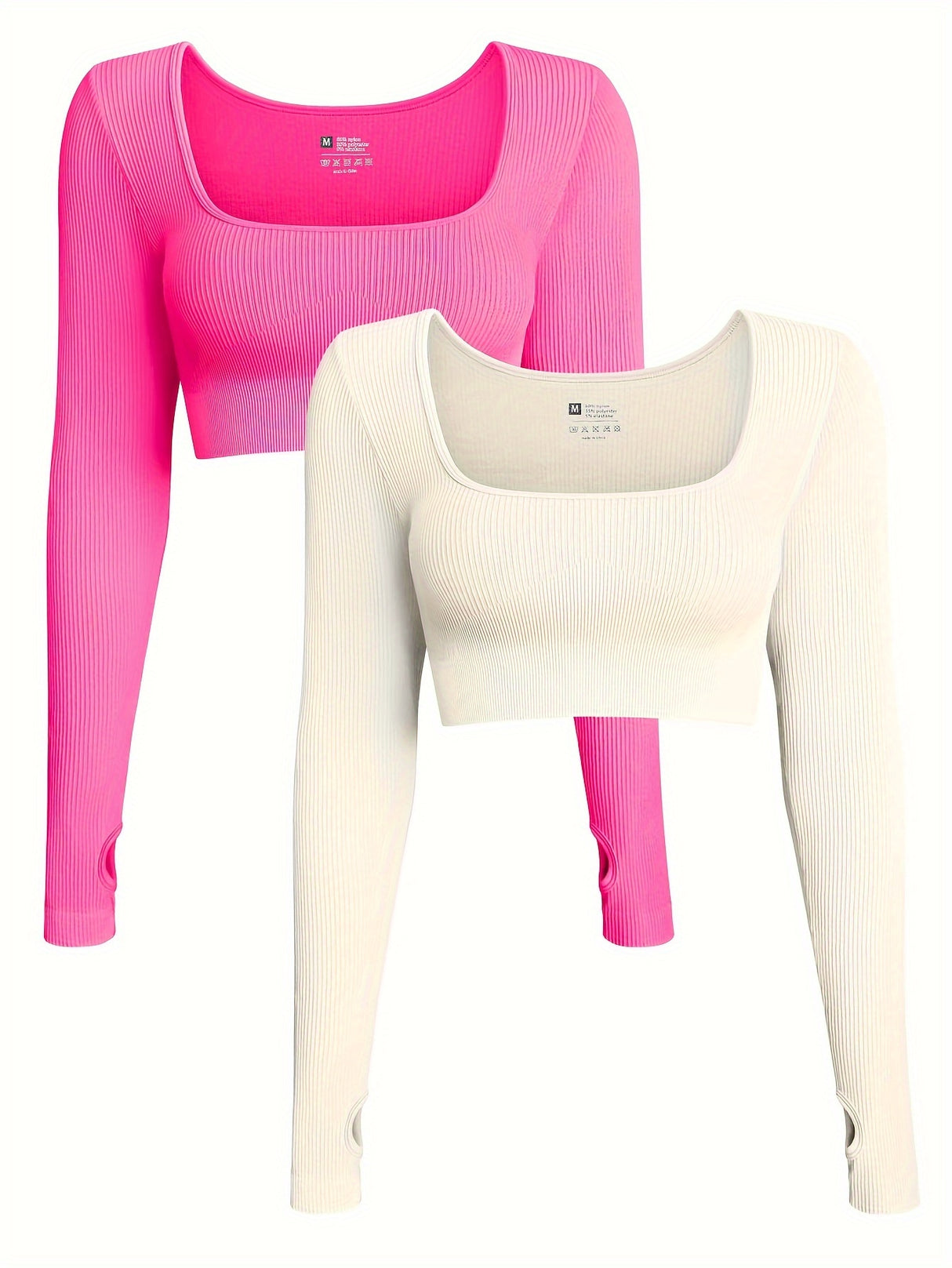 OQQ Women's 2 Piece Crop Top Ribbed Seamless Workout Exercise Long Sleeve Crop Tops