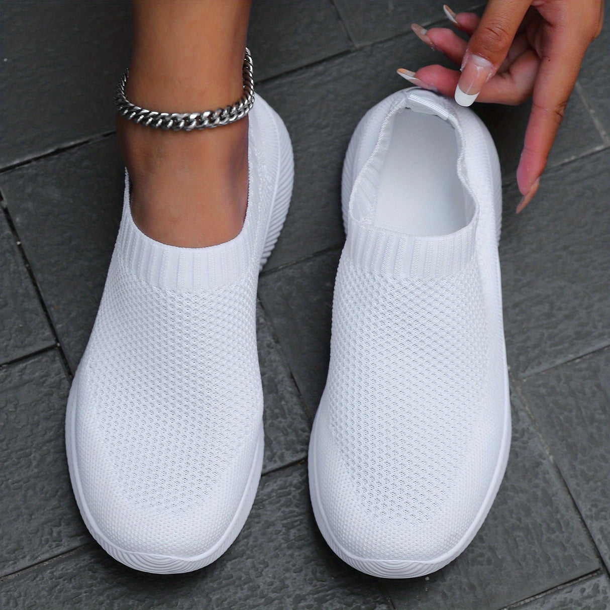 Women's Solid Color Flying Woven Sneakers, Casual & Breathable Slip On Outdoor Shoes, Lightweight Low Top Running Shoes plus size