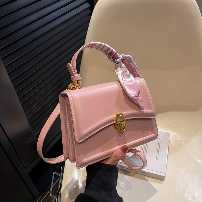 Embossed Square Handbag, Trendy Scarf Decor Crossbody Bag, Women's Small PU Leather Flap Purse