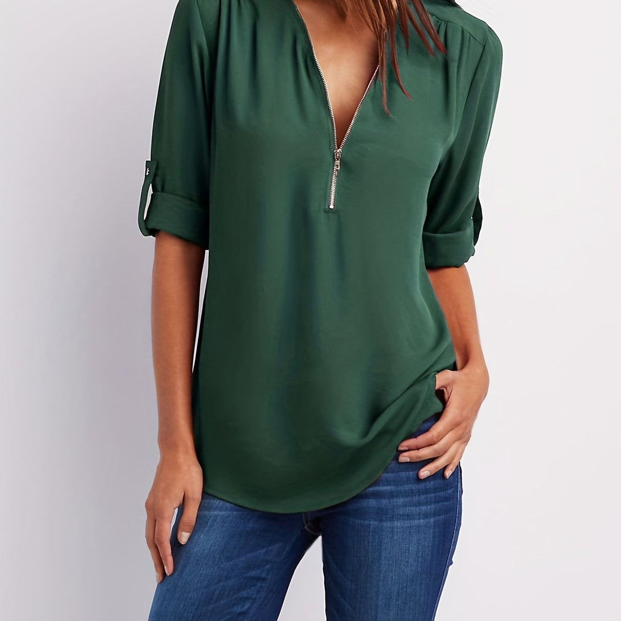 Solid V Neck Blouse, Casual Ruched Rollable Sleeve Half Zip Blouse, Women's Clothing