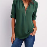 Solid V Neck Blouse, Casual Ruched Rollable Sleeve Half Zip Blouse, Women's Clothing