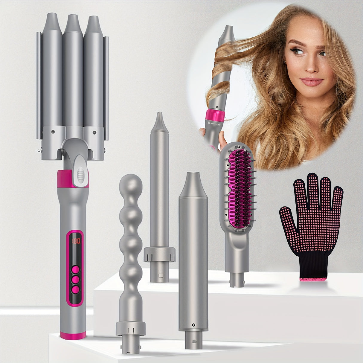Multifunction 5 In 1 Curling Iron Set, Heat Resistant Gloves And 3 Tubes Hair Curler And Hair Straightener Brush For Girls, 60 Minutes Automatic Power And Intelligent-Temperature Control Curling Iron, Fast Heating Hair Wand C
