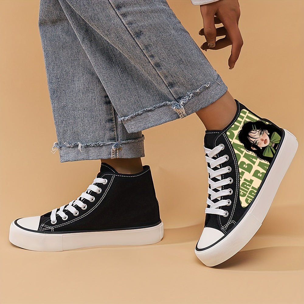 Anime Girl Pattern Lightweight High Top Breathable Canvas Sneakers, Round Toe Flat Classic Lace Up Wear Resistance Skate Shoes, Non Slip Casual Versatile Walking Shoes Running Shoes