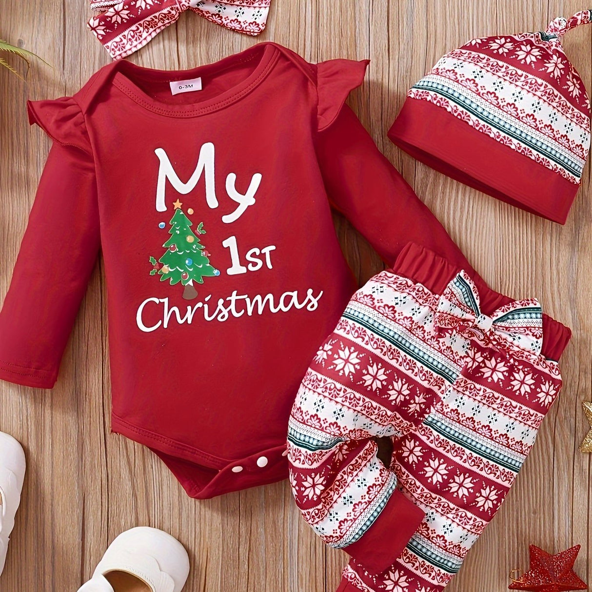 Baby Girl Christmas Set, Flying Long Sleeve Cute Cartoon Pattern & Letter Print Casual Triangle Romper + Pattern Print Pants + Headband Three-piece Set Plus Hat, Outdoor Cloth