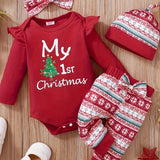 Baby Girl Christmas Set, Flying Long Sleeve Cute Cartoon Pattern & Letter Print Casual Triangle Romper + Pattern Print Pants + Headband Three-piece Set Plus Hat, Outdoor Cloth