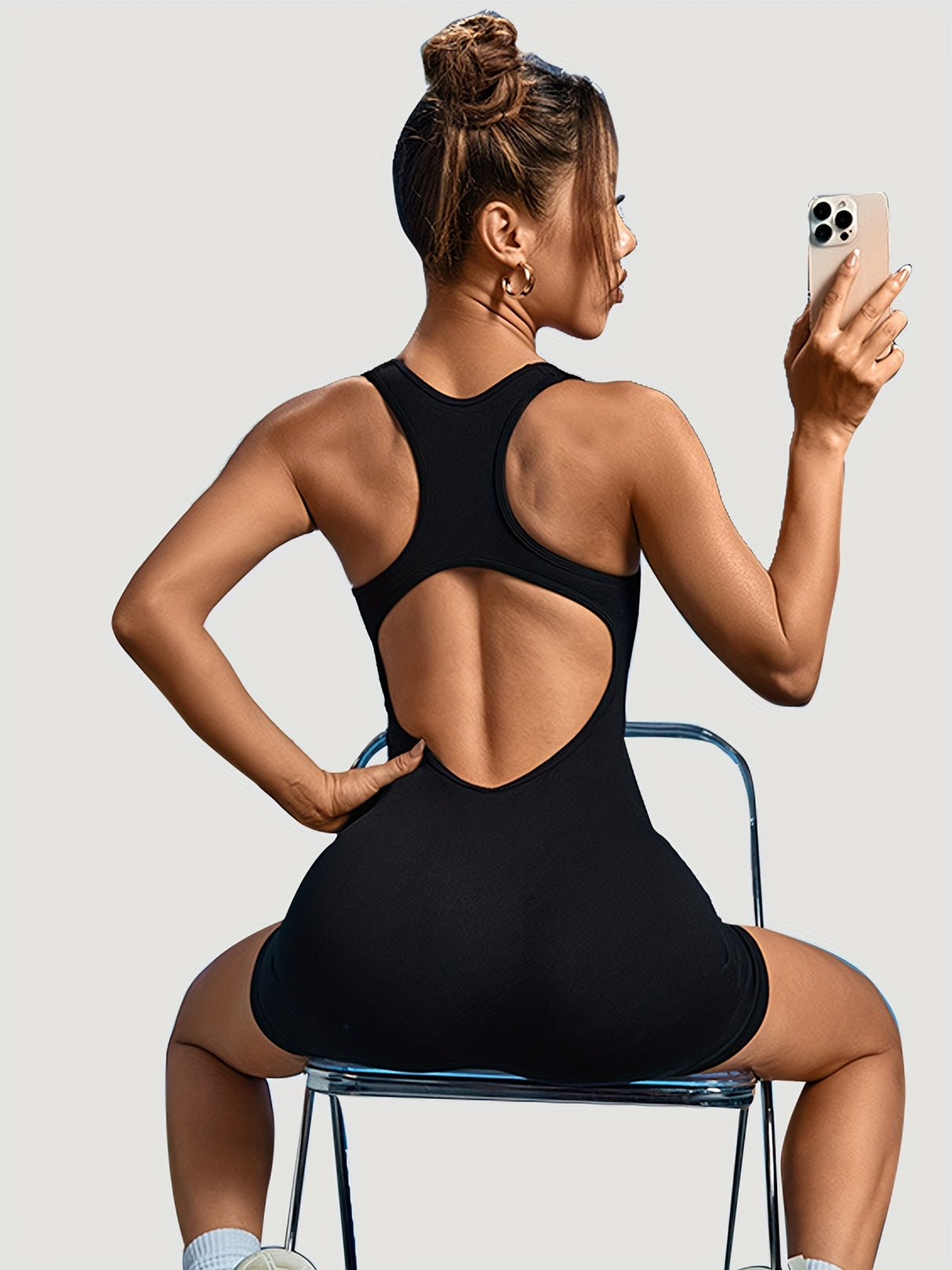 Women's Workout Rompers, High Stretchy Seamless Beauty Open Back Ribbed Tummy Control Bodysuits, Square Neck Solid Color Gym Sports Yoga Tank Short Jumpsuits Playsuits