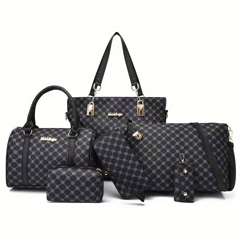 6pcss/set Designer Inspired PU Leather Keychain Wallet Set: Wristlet, Handbag, Crossbody, Tote, Duffle Bag