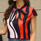 Chic Striped Blouse with Tie-Front Detail - Flattering Cap Sleeves for Spring & Summer Style - Womens Casual Fashion
