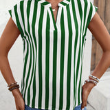 Striped Print Blouse, Casual V Neck Cap Sleeve Work Office Blouse, Women's Clothing