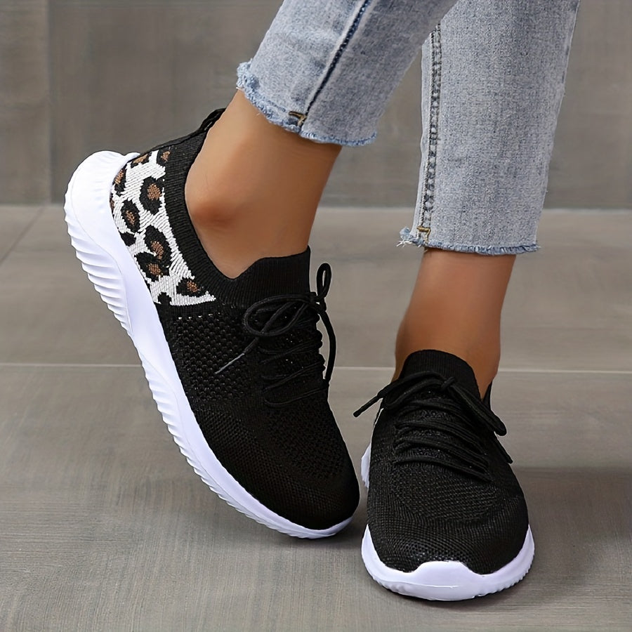Women's Leopard Knit Sports Shoes, Breathable Lace Up Low Top Running Shoes, Casual Walking Tennis Sneakers