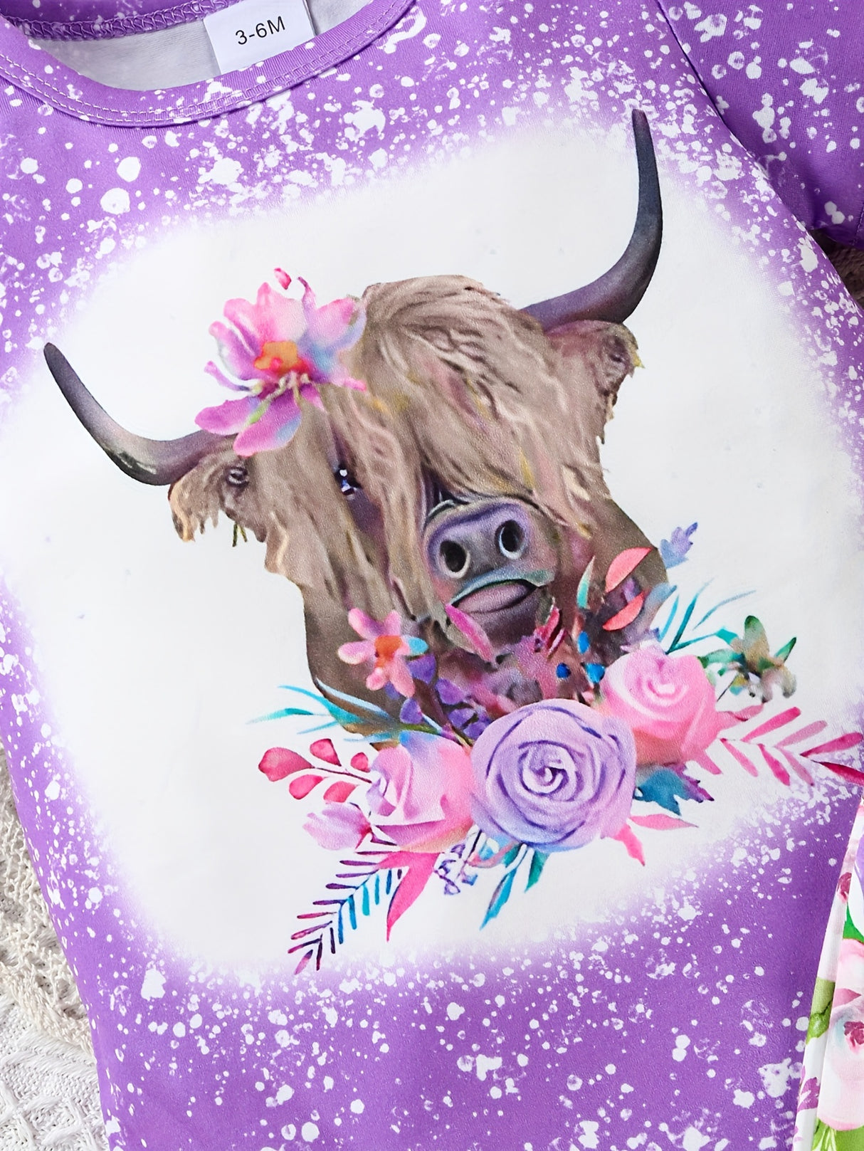 Adorable Baby Girl Romper Set - Cow Head Flower Short Sleeve Triangle Design, Long Flared Trousers with Vibrant Floral Print, Soft and Breathable Fabric, Comfortable Wear for Newborns