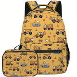 Excavator Print Pattern Double Shoulder Backpack, Boys' Large Capacity Yellow Polyester School Bag