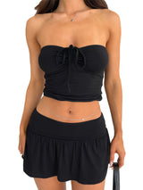 Women's Sexy Summer Two Piece Skirt Set Drawstring Tube Crop Tops Low Waist Ruffle Mini Skort Skirts Sets