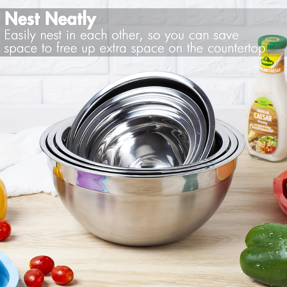 Mixing Bowls With Airtight Lids Set, 27PCS Stainless Steel Khaki Bowls With Grater Attachments, Non-Slip Bottoms & Kitchen Gadgets Set, Size 0.7, 4.5, 3.6, 2.7, 2.1, 1.7, 1.1QT, Great For Mixing & Serving
