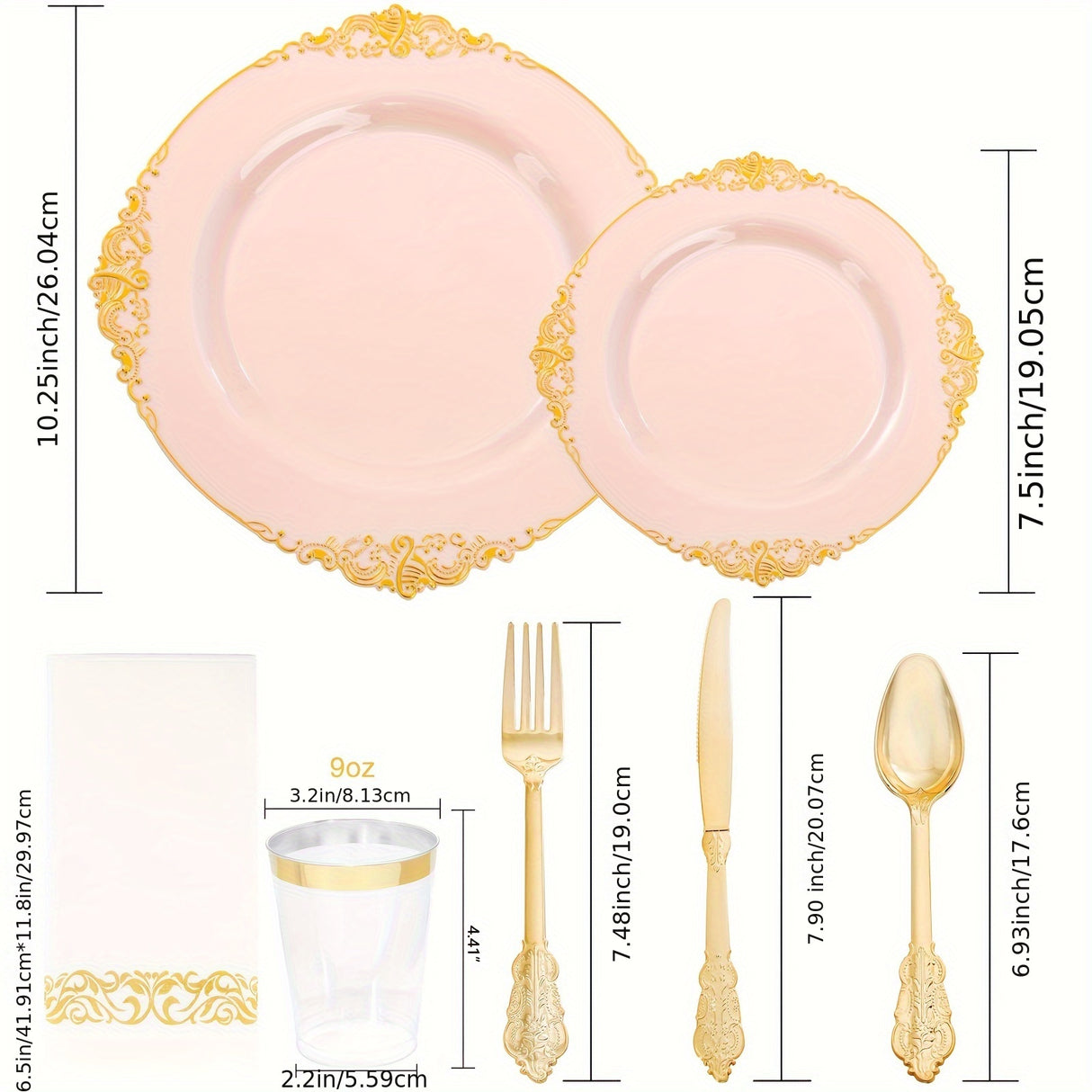 350PCS Pink and Golden Plastic Plates - Pink Plastic Dinnerware Sets for 50 Guests - 100 Pink Disposable Plates, 150 Golden Plastic Silverware, 50 Cups, 50 Napkins for Wedding & Mother's Day