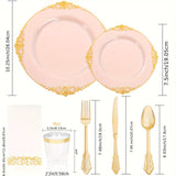 350PCS Pink and Golden Plastic Plates - Pink Plastic Dinnerware Sets for 50 Guests - 100 Pink Disposable Plates, 150 Golden Plastic Silverware, 50 Cups, 50 Napkins for Wedding & Mother's Day