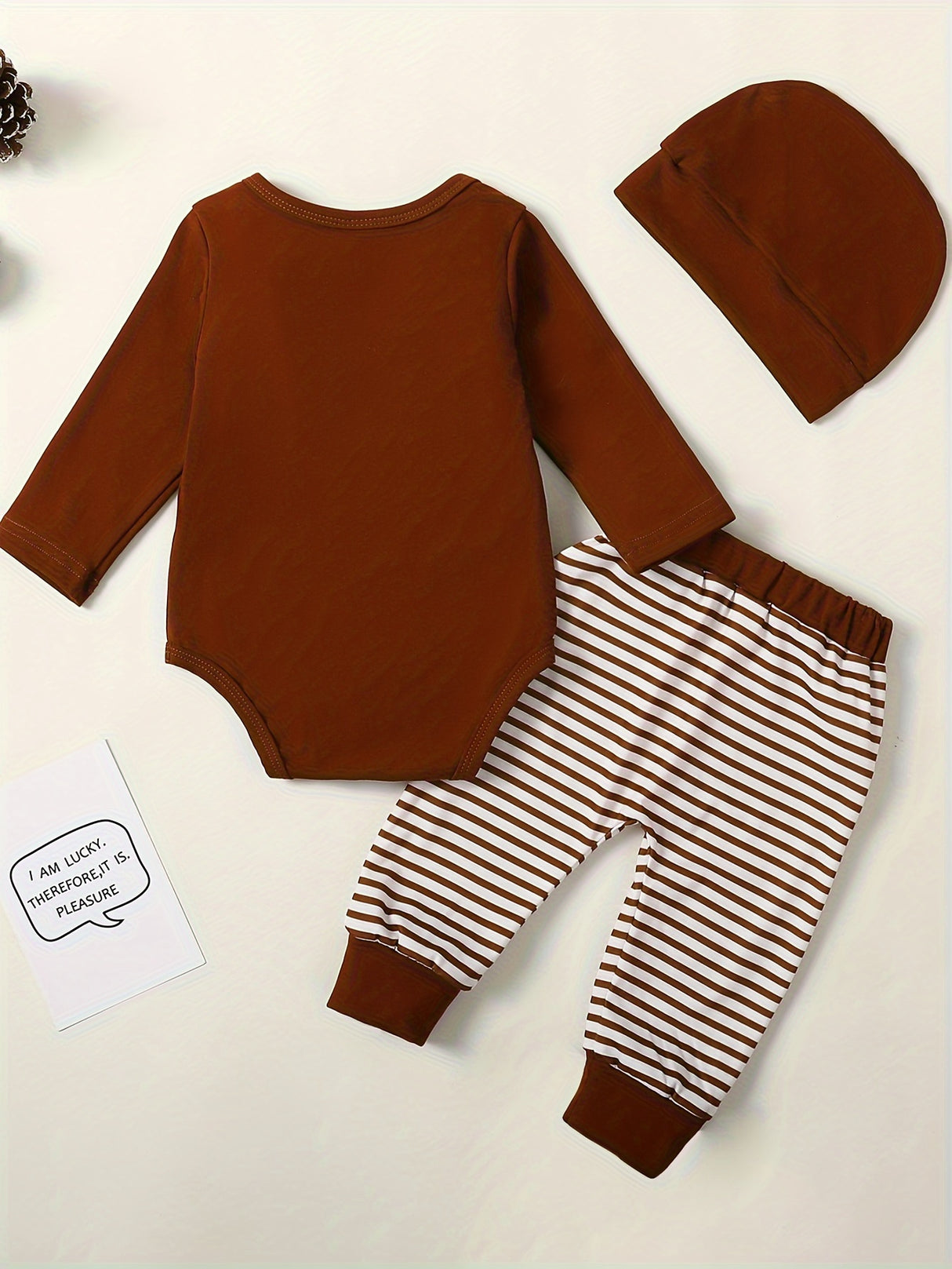 Baby Boy 3 Piece Outfit Football Print Long Sleeve Rompers and Elastic Striped Pants Beanie Hat Set Fall Spring Clothes
